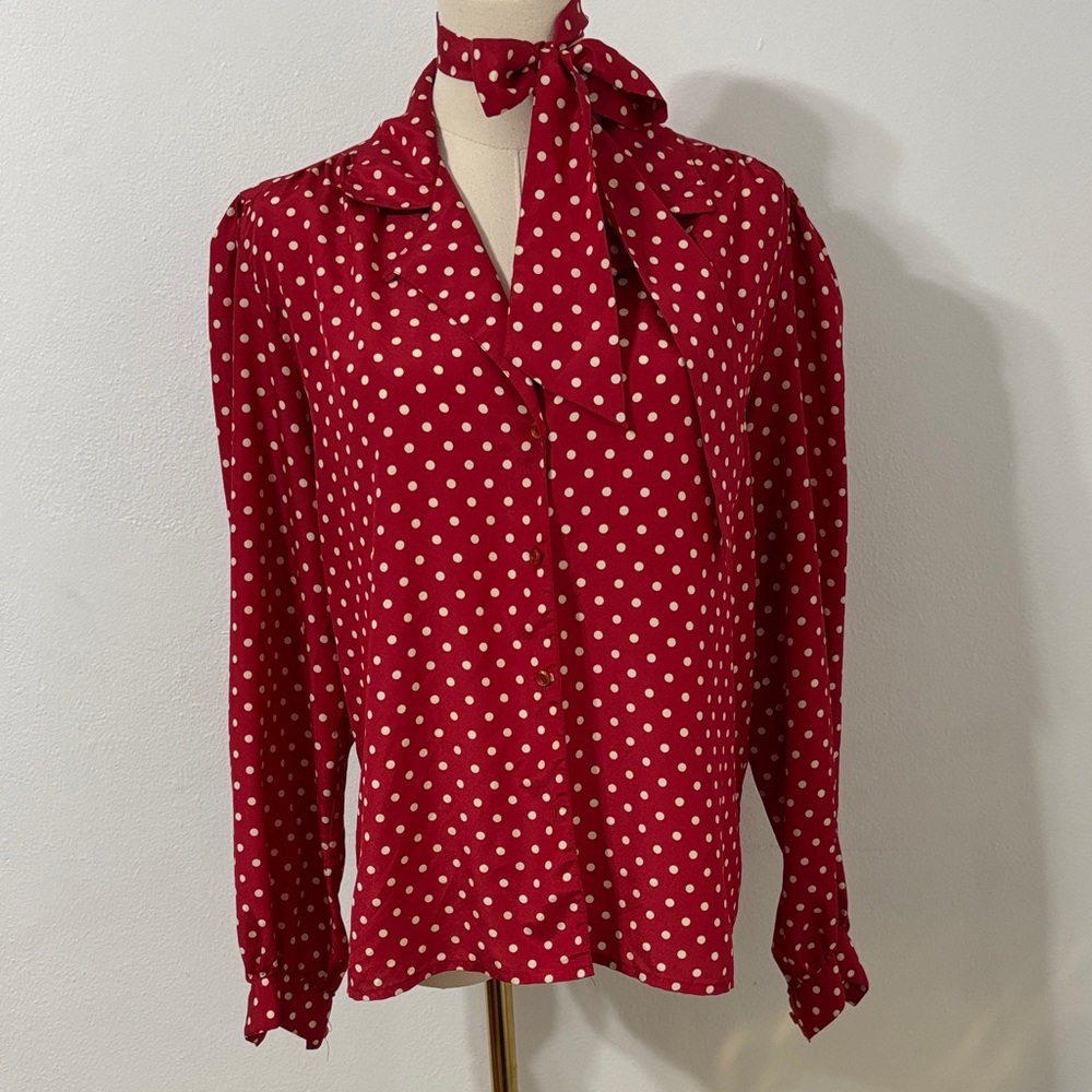 70s 80s Lady Manhattan Red Satin Polka‎ Dot Tie-Neck Sz 14 Button Up Long Sleeve
